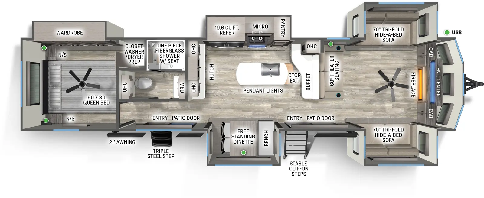 The Sierra Destination 420FL floorplan has two entries and five slide outs. Exterior features include: fiberglass exterior and 21' awning. Interiors features include: kitchen island, free-standing dinette option, rear bedroom and front living.